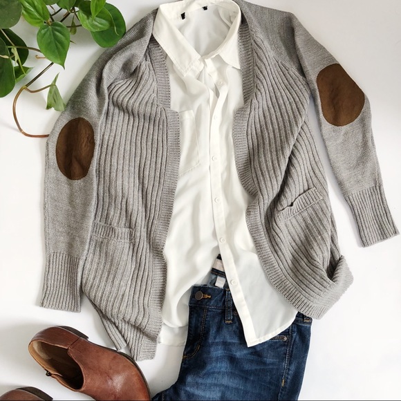RD Style Sweaters - Gray Sweater With Brown Suede Elbows